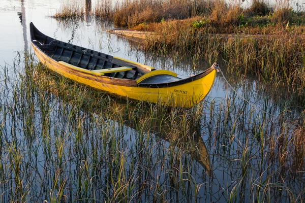 Żółty pusty łódź zadokowany w rzece — Zdjęcie stockowe