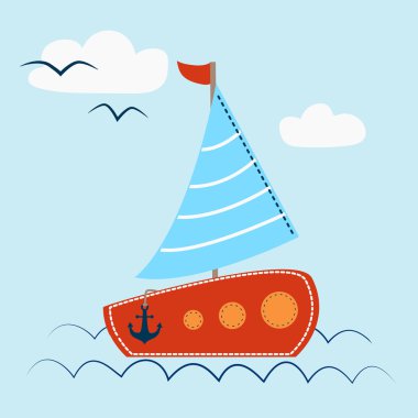 Yelkenli tekne dalgalar ve martı ile