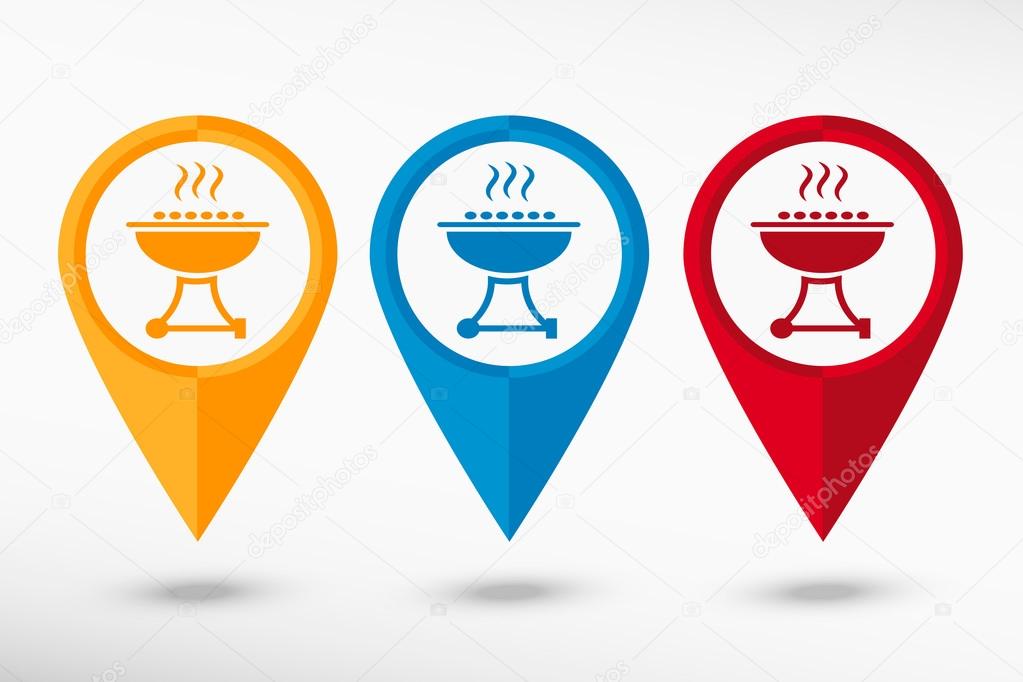 Barbecue grill map pointer, vector illustration. Flat design style