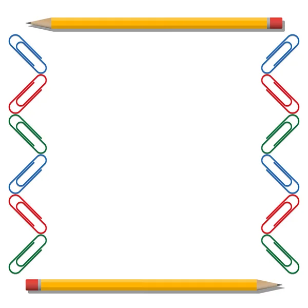 Dos lápices y clips de colores sobre fondo blanco . — Vector de stock