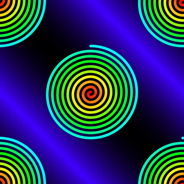 Gradiente abstracto espirales de azul a rojo sobre fondo negro púrpura patrón sin costuras — Vector de stock