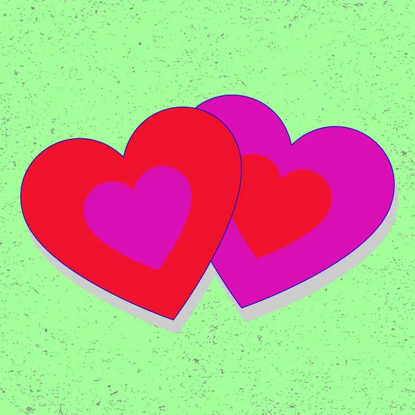 Double coeur violet rouge sur fond rétro vert — Image vectorielle