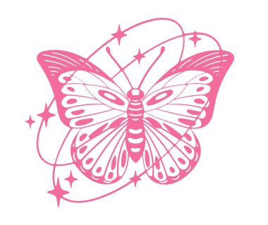 Soyut kelebek silueti. Kelebek y2k sembolü, parlak yıldızlı pembe böcek ve oval şekilli düz vektör çizimi. Beyaz arkaplanda çizgi film kelebeği