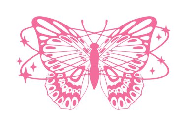 Kelebek y2k sembolü. Soyut kelebek silueti, parlak yıldızlı pembe böcek ve oval şekilli düz vektör çizimi. Kelebek simgesi beyaz üzerine