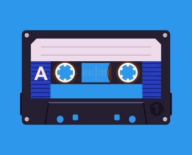 Çizgi film retro müzik kaset posteri. Klasik ses kayıt arkaplanı, pop müzik albümü kaset tasarımı düz vektör arkaplan illüstrasyonu. Eski usul müzik kaseti