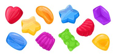 Çizgi film meyveli jöle şekerleri. Renkli jelibon, çeşitli tatlar içeren lezzetli çiğneme şekerleri düz vektör çizim seti. Beyaz üzerine jöleli şeker koleksiyonu