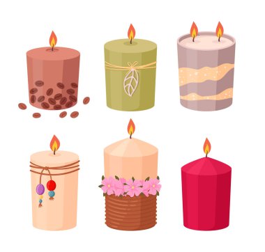 Mumlar. Çizgi film dekore edilmiş mumlar, hoş aroma mumları düz vektör çizim seti. Beyaz üzerine mum dekoru