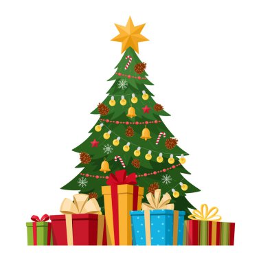 Madalyalı kostüm yeşil kürk ağacı. Hediye kutularıyla Noel ağacı, kış tatilleri süslerle süslenmiş ve düz vektör resimleriyle süslenmiş yeşil ağaçlar. Çizgi film Mutlu Noeller tebrik kartı