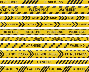 Suç mahalli sarı bantlar. Dikkat sarı çizgi, polis tehlike çizgileri ve suç bariyerleri düz vektör çizimi. Polis güvenlik hattı