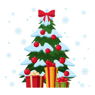 Kış tatili kostüm yeşil kürk ağacı. Süslerle ve düz vektör çizimleriyle süslenmiş Evergreen ağacı. Karlı süslemeli Noel ağacı hediye kutularıyla