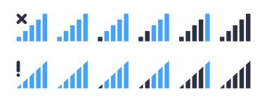 Ağ kablosuz ağ simgeleri. Wifi işaretleri, cep telefonu 5G ve LTE kablosuz bağlantı güç seviyeleri düz vektör illüstrasyon seti. Akıllı telefon wifi sinyal göstergeleri