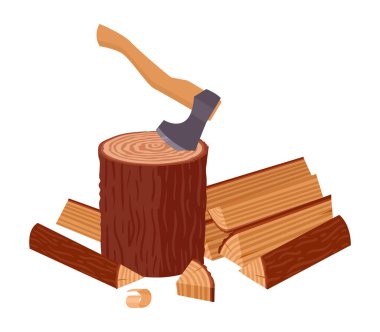 Baltalı ahşap kütükler. Ahşap doğrama, oduncu işyeri, odun kütükleri düz vektör çizimi. Çizgi film beyaz arkaplan üzerine ahşap yığını