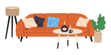 Rahat kanepe ve sehpa. Çizgi film oturma odasının içi, minimalist ev dekorasyonu düz vektör çizimi. Moda çağdaş iç mimarisi