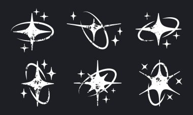 Parlak y2k yıldızları. Yıldızlı ve parıltılı sihirli elips şekilleri, parıldayan elementler düz vektör illüstrasyon seti. Beyaz arkaplanda oval çerçeveli Doodle yıldızları