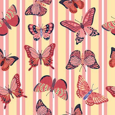 Kelebek desensiz. Çizgi film kelebekleri parmak izi, uçan kelebek böcekleri vektör arkaplan çizimi. Renkli güzel kelebek deseni