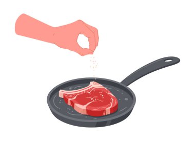 Et tuzlama. El tuzlama, yarı bitmiş et, biftek pişirme, düz vektör illüstrasyon. Çizgi film beyaz et ızgara