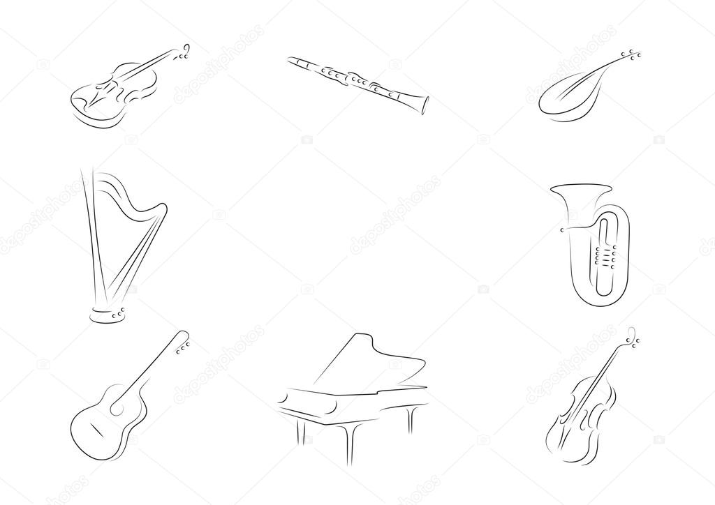 Isolated lineart Musical instruments set.