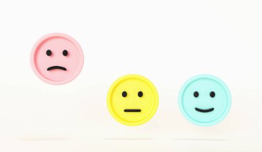 Hüzünlü ve mutlu ruh hali, değerlendirme, artış oranı, müşteri deneyimi, memnuniyet ve en iyi hizmet derecelendirme konsepti olan emoji ifadeleri. Müşteri hizmetleri değerlendirmesi. 3d hazırlayıcı.