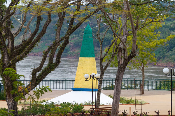 Foz do Iguazu, Brazil - july 8, 2016: The Obelisk at the Brazil side of triple frontier. A landmark border among Paraguay, Argentina and Brazil in Foz do Iguacu, Brazil