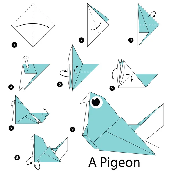 Step by step instructions how to make origami a Pigeon. — Stock Vector