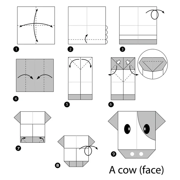 Schritt für Schritt Anleitung, wie man Origami zu einer Kuh macht. — Stockvektor