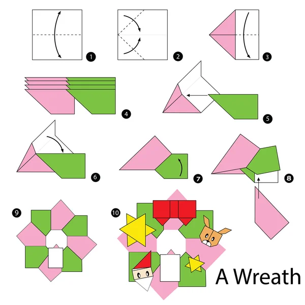 Schritt für Schritt Anleitung, wie man Origami-Weihnachtskranz macht. — Stockvektor