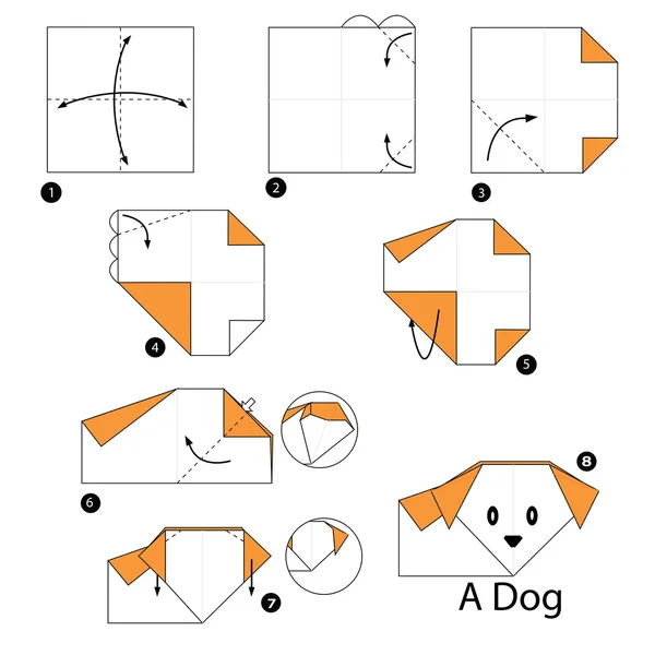 Schritt für Schritt Anleitung, wie man aus Origami einen Hund macht. — Stockvektor
