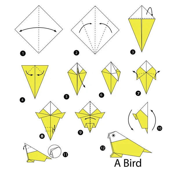 Schritt für Schritt Anleitung, wie man Origami zu einem Vogel macht. — Stockvektor