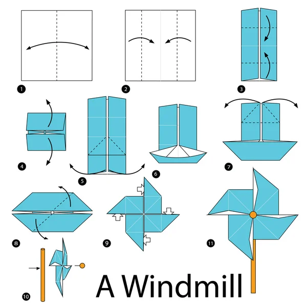 Instruções passo a passo como fazer origami Um moinho de vento . —  Vetores de Stock