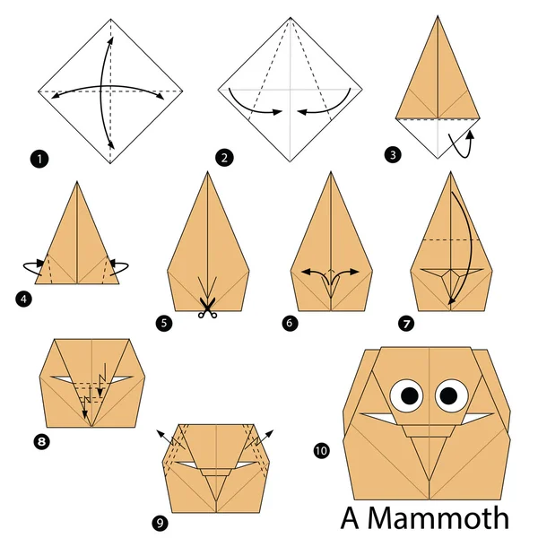 Krok za krokem návod, jak udělat origami A Mamut. — Stockový vektor