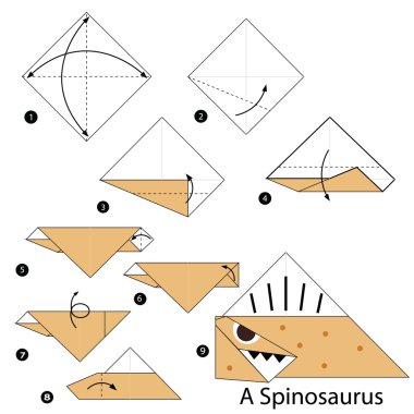Adım adım adım talimatlar origami bir dinozor yapmak nasıl.