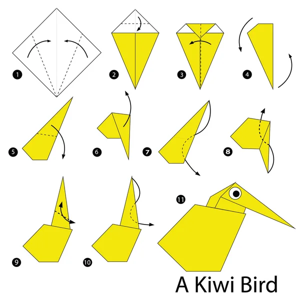 手順を追って説明折り紙キーウィ鳥の作り方. — ストックベクタ