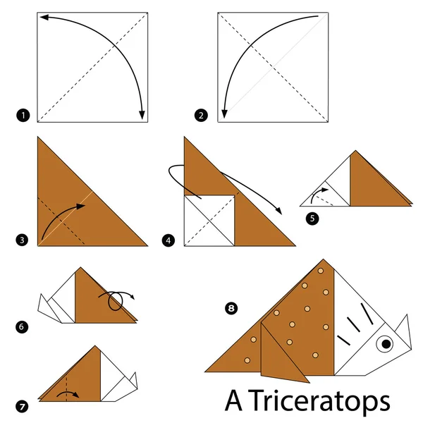 Schritt für Schritt Anleitung, wie man Origami zu einem Dinosaurier macht. — Stockvektor