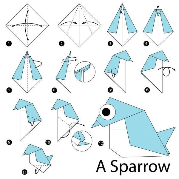 Krok za krokem návod, jak udělat origami A Sparrow. — Stockový vektor
