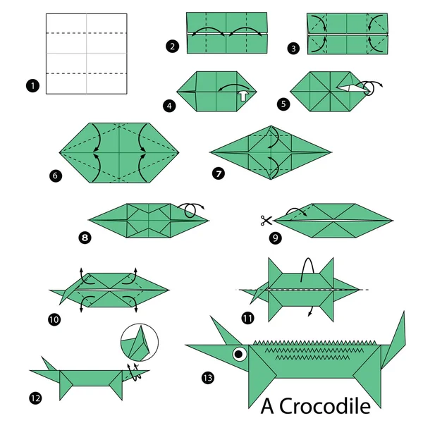 Schritt für Schritt Anleitung, wie man Origami zu einem Krokodil macht. — Stockvektor