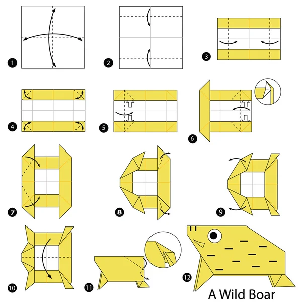 Schritt für Schritt Anleitung, wie man Origami zu einem Wildschwein macht. — Stockvektor