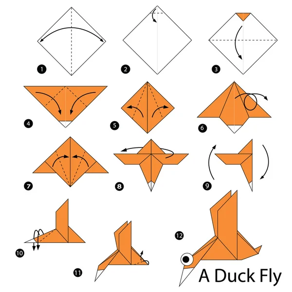 A アヒル飛ぶ折り紙を作る方法を手順を追って説明. — ストックベクタ