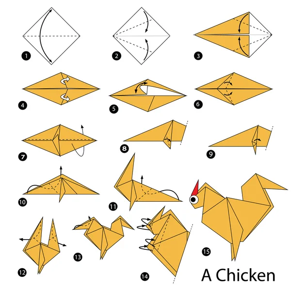 Krok za krokem návod, jak udělat origami A kuře. — Stockový vektor