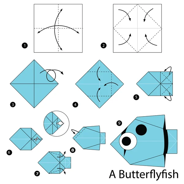 Schritt für Schritt Anleitung, wie man Origami zu einem Schmetterlingsfisch macht. — Stockvektor