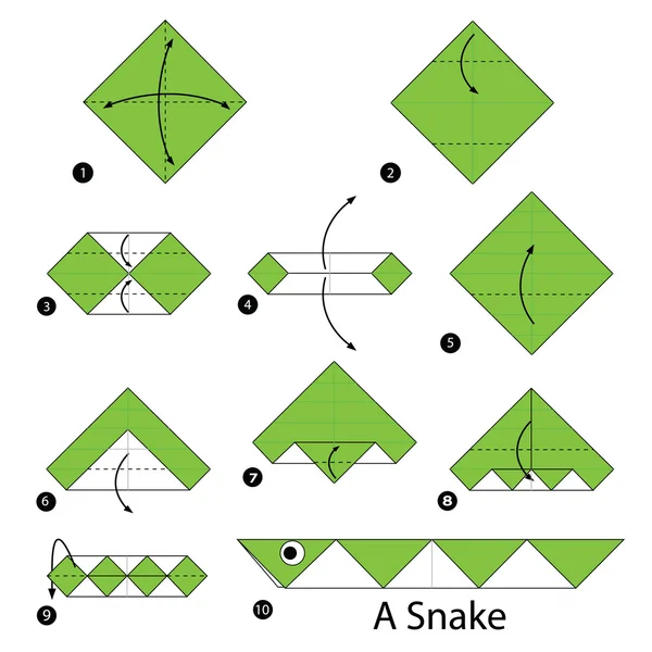 Schritt für Schritt Anleitung, wie man aus Origami eine Schlange macht. — Stockvektor