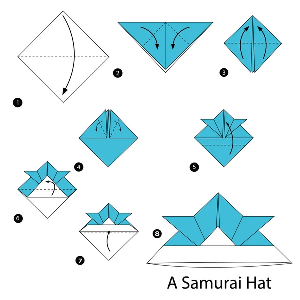 Schritt für Schritt Anleitung, wie man Origami zu einem Samurai-Hut macht. — Stockvektor