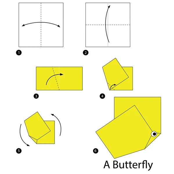 Schritt für Schritt Anleitung, wie man aus Origami einen Schmetterling macht. — Stockvektor