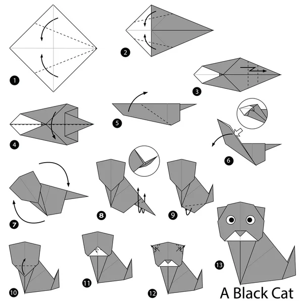Schritt für Schritt Anleitung, wie man Origami zu einer schwarzen Katze macht. — Stockvektor