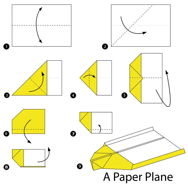 Schritt für Schritt Anleitung, wie man Origami zu einem Flugzeug macht. — Stockvektor