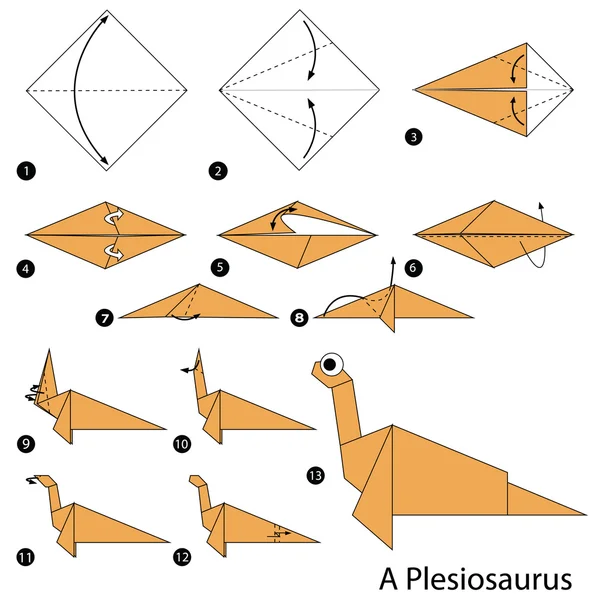 Krok za krokem návod, jak udělat origami dinosaurus. — Stockový vektor