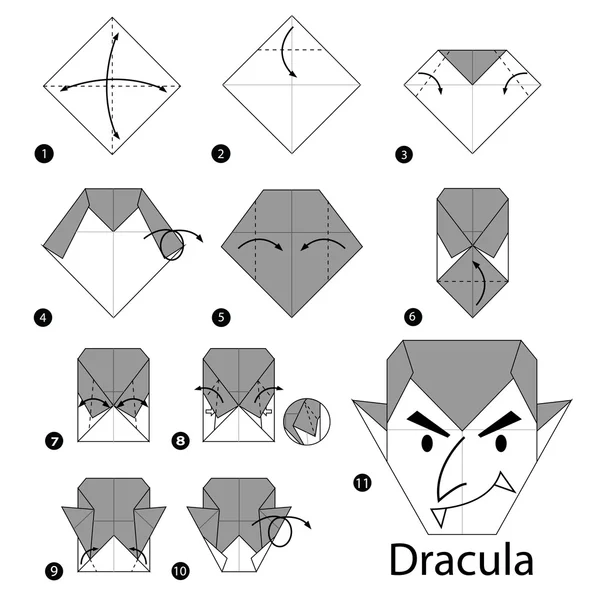 Instruções passo a passo como fazer origami Drácula . — Vetor de Stock