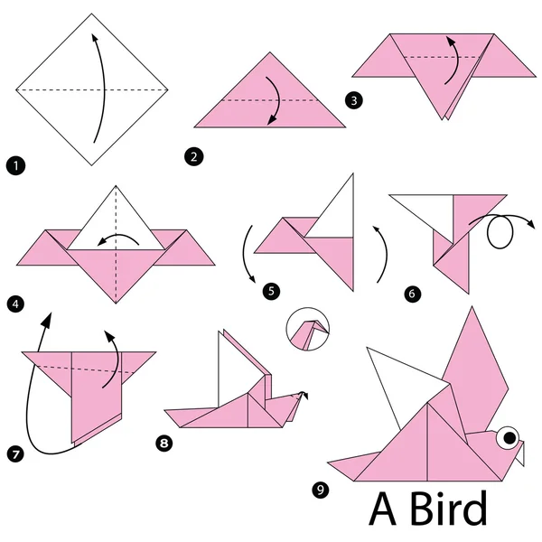 Schritt für Schritt Anleitung, wie man Origami zu einem Vogel macht. — Stockvektor
