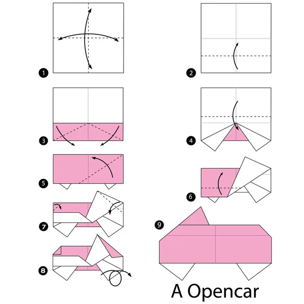 Schritt für Schritt Anleitung, wie man aus Origami ein Auto macht. — Stockvektor