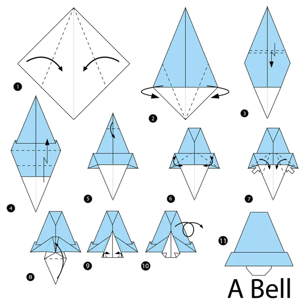 Schritt für Schritt Anleitung, wie man Origami zur Glocke macht. — Stockvektor
