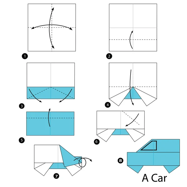 Schritt für Schritt Anleitung, wie man aus einem Origami ein Auto macht — Stockvektor